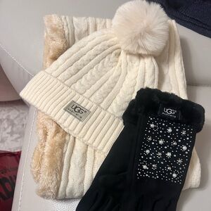 BUY NOW STAY WARM & COZY NWT UGG Hat & Scarf Set Black Gloves with Pearl Accents